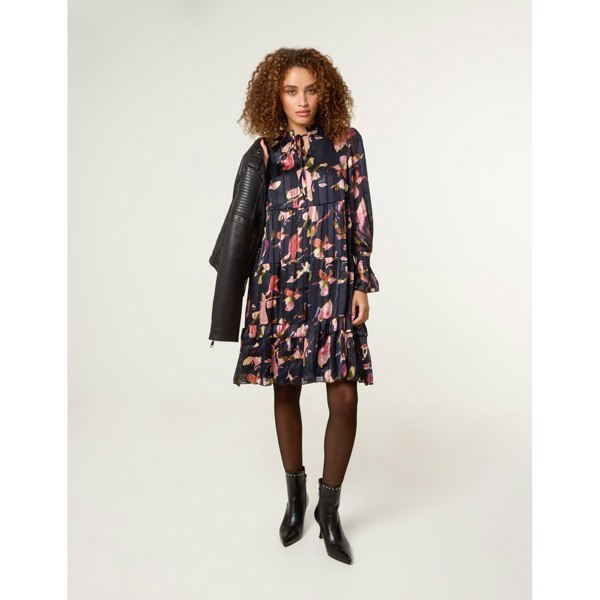 Blue Vanilla Tie Neck Floral Chiffon Smock Dress