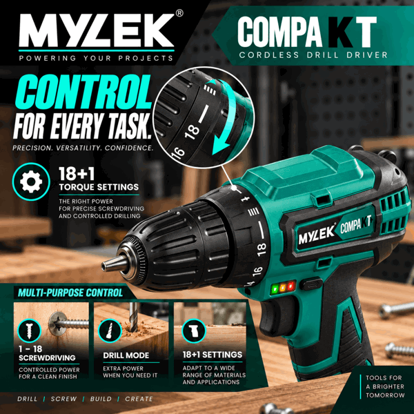 MYLEK 18V Cordless Li-ion Drill And Screwdriver Set With 13 Piece Accessory Kit