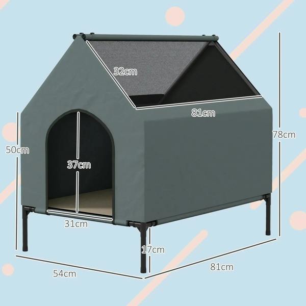 Grey elevated dog house with arched front opening; size measurement diagram shown.