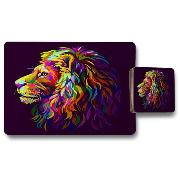 Benjamin Tate Design Abstract, multicolored profile portrait of a lion's head on a purple background in popart style (Placemat & Coaster Set)