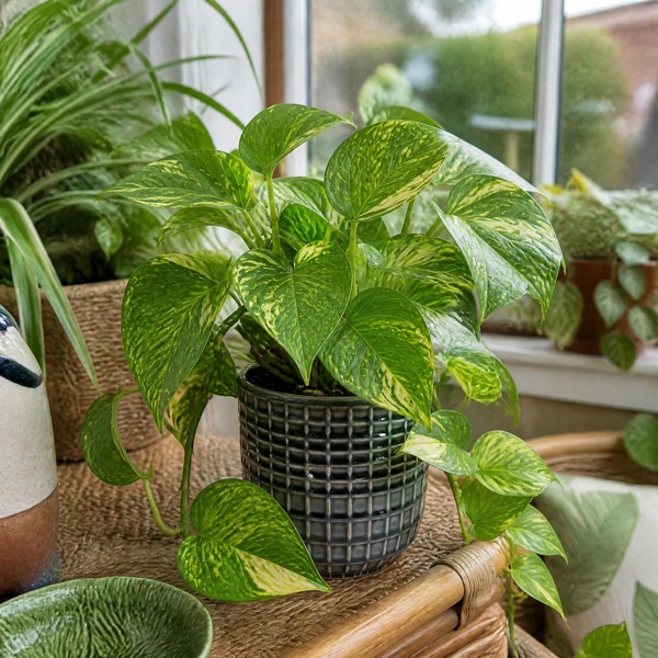 Epipremnum Aureum – Golden Pothos Devil’s Ivy Houseplant in 12cm Pot - Grey Ceramic Pot - 1