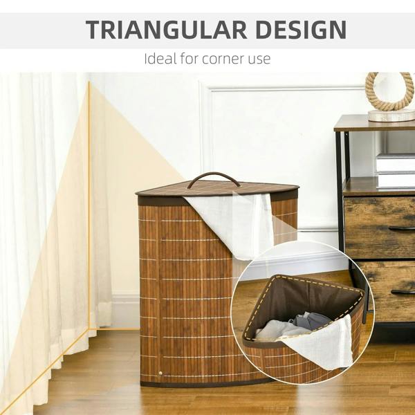 Brown bamboo corner laundry hamper with lid and white liner bag, triangular design