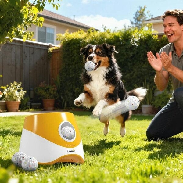 Automatic Dog Ball Launcher with 5 ETPU Balls 5.8 cm, 3 Distance Settings 6/10/14 m, Orange - Orange