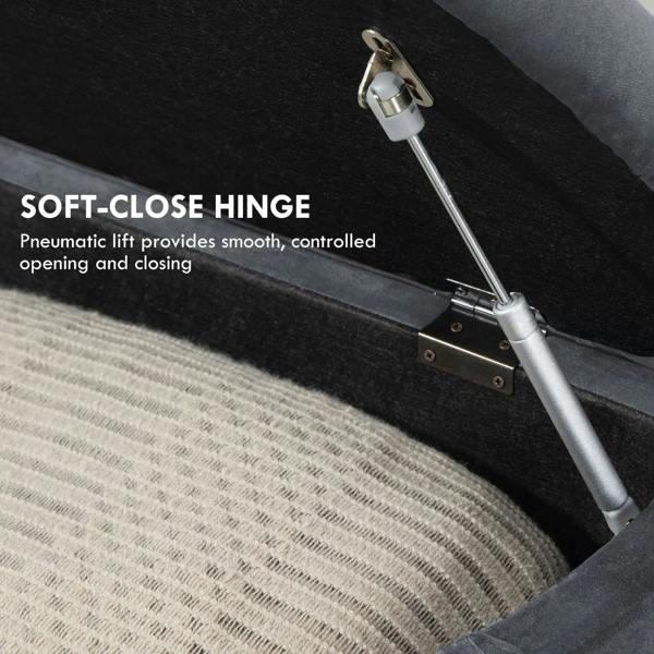 Soft-close hinge on dark grey velvet-feel storage ottoman lid