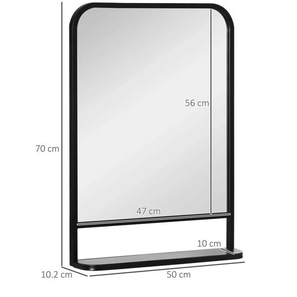 Black wall mirror with storage shelf; 70 x 50 cm dimensions shown.