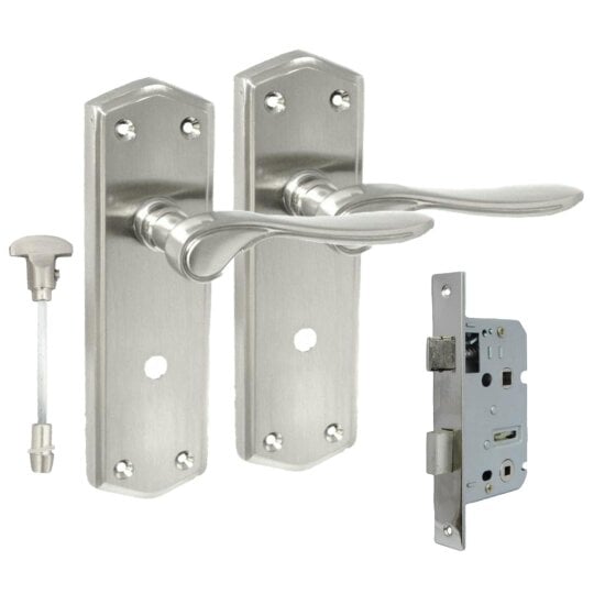 EDH Door Hardware Satin Finish Bathroom Door Handle On Shaped Backplate + Bath Lock