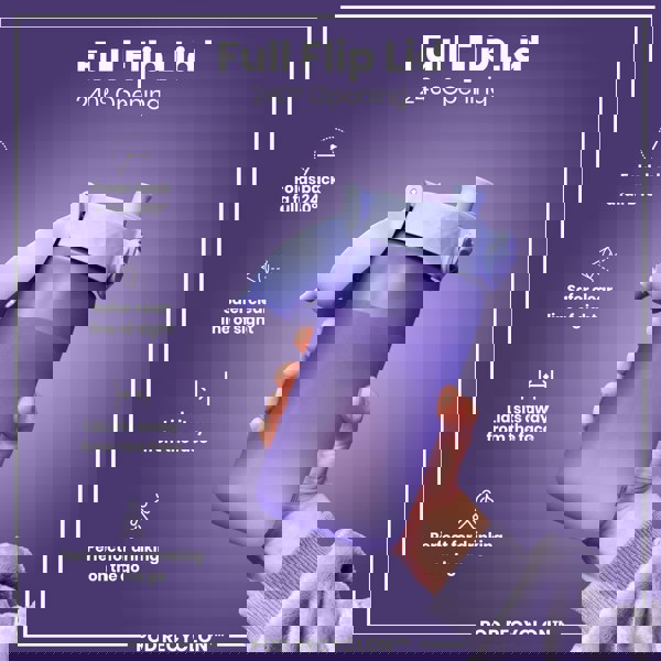 A purple water bottle with a flip lid is held; the lid folds back 240° for easy, safe drinking on the go. Full Flip Lid, 240° Opening. POD RECYCLON™.