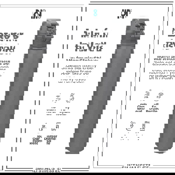 A gray stainless steel water bottle stands against a white background. The bottle is described as better for the world, carbon neutral, fully recyclable, odour resistant, and dishwasher safe.