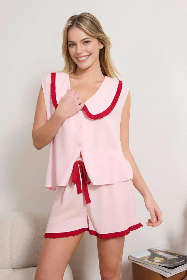 WOVCOR 2-Piece Ruffled Viscose Woven Pajama Set