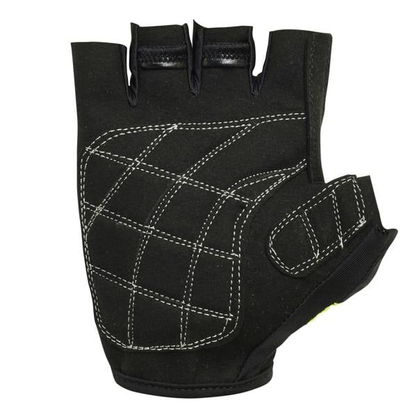 NiteBrite half-finger cycling glove, black quilted padded palm with white stitching, on white - Optimum