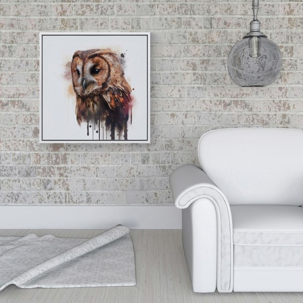 Warren Reed Tawny Owl Face Splash Art Light Background Framed Canvas