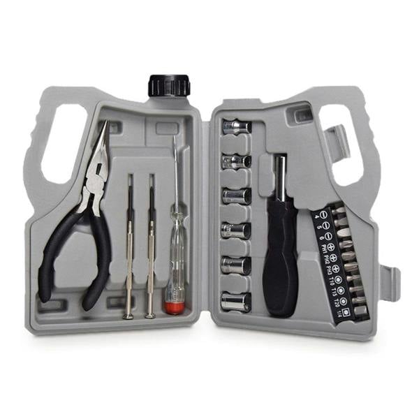 A front-on studio shot of the open grey plastic jerrycan novelty toolbox from Abode Home & Gifts, isolated on a clean white background. The interior displays a organized 22-piece toolkit consisting of pliers, precision screwdrivers, a voltage tester, a bit driver, and a socket set.