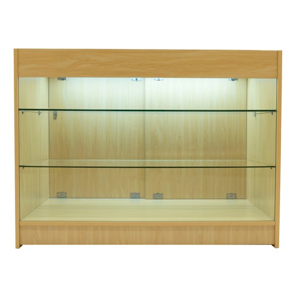 Maple Helios LED shop counter set with two K1200 shelves, featuring glass panels and soft interior lighting for display