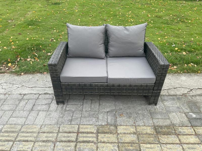 Fimous Wicker PE Rattan Garden Set, Adj Height Table Sofa Dining, Double Seat Sofa, 2 Big Footstools and Side Table, Dark Grey Mixed