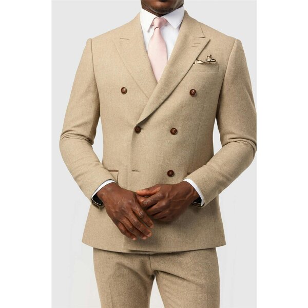 Antique Rogue Slim Fit Baxter Camel Double Breasted Herringbone Jacket