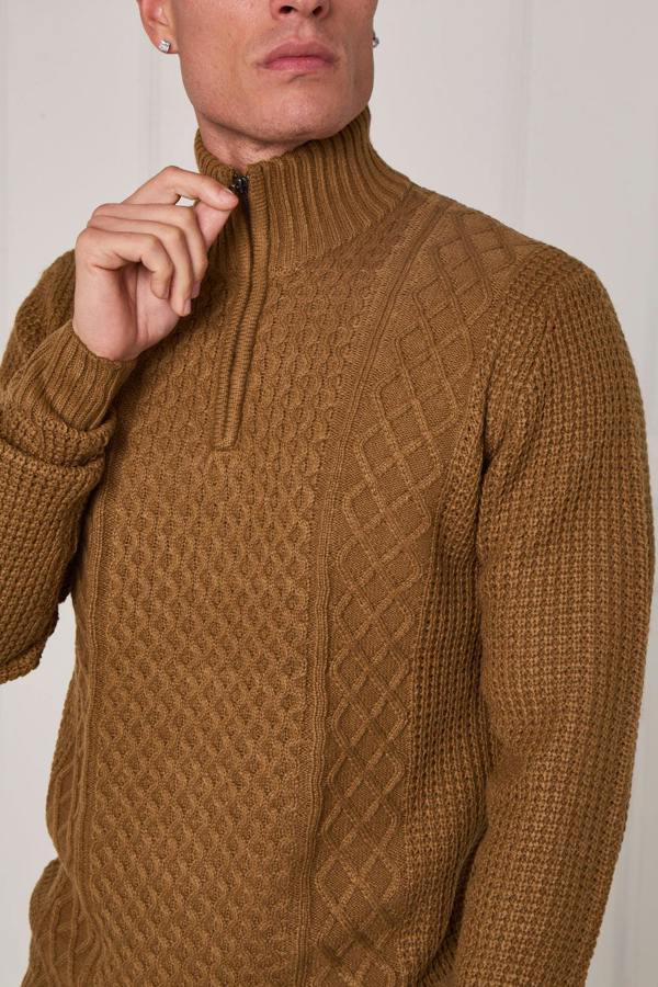 Men’s Half Zip Cable Knit Textured Jumper