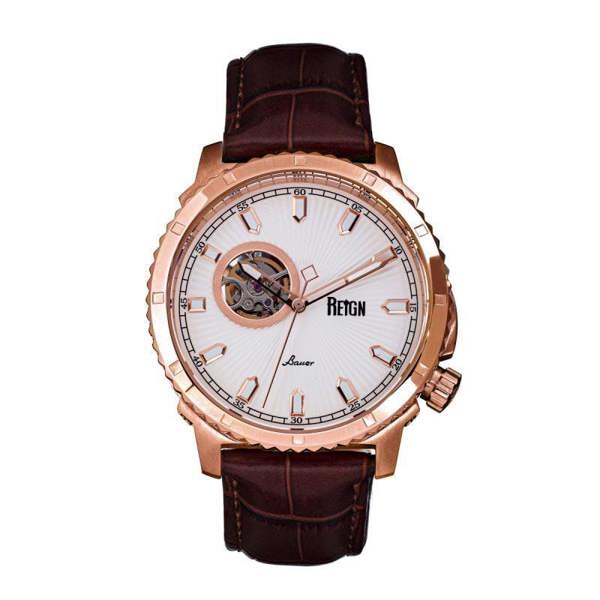 Reign Bauer Automatic Semi-Skeleton Leather-Band Watch