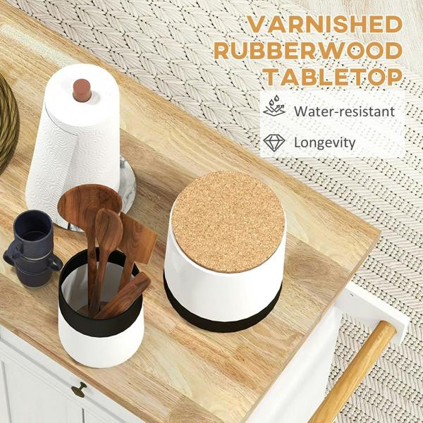 Rubber wood tabletop on a white kitchen trolley with drawers and cabinet storage below