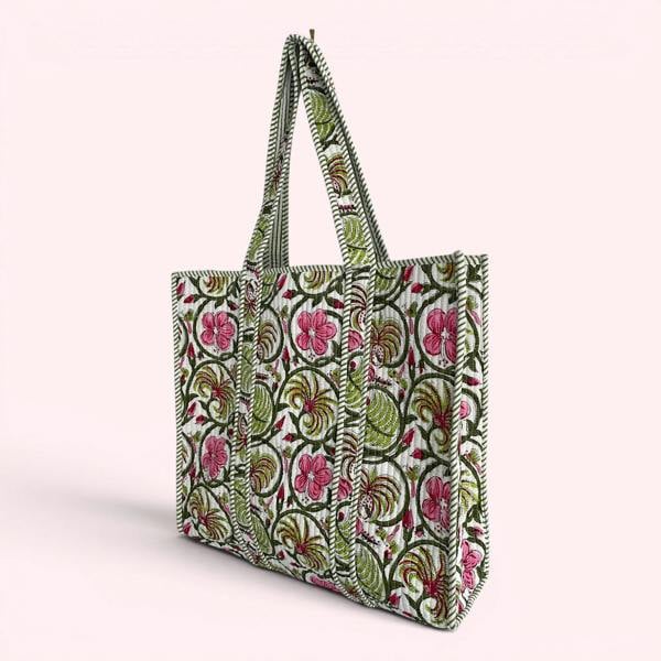 Hayley & Co Green and Pink Floral Quilted Cotton Tote Bag