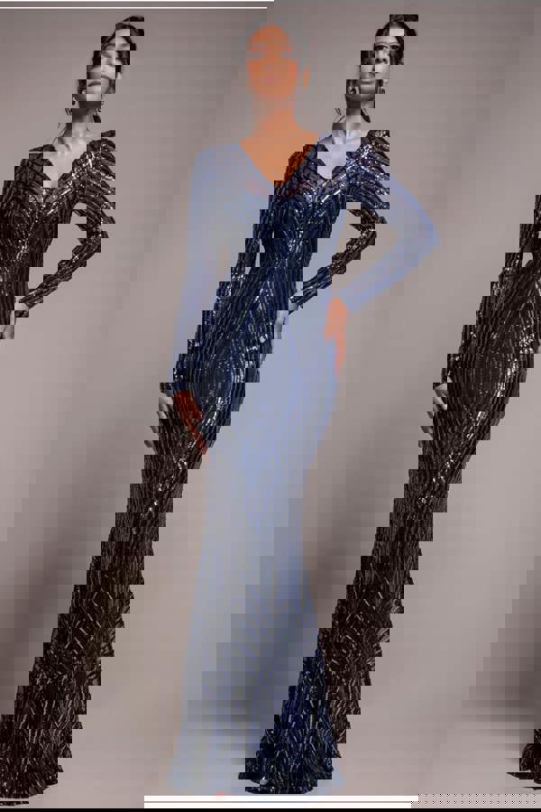 Two Toned V Neck Sequin Maxi - Navy DR3494