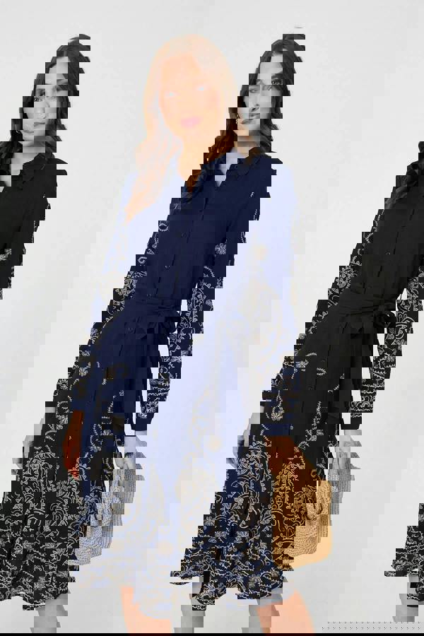 Navy | Embroidered Long Sleeve Shirt Midi Dress