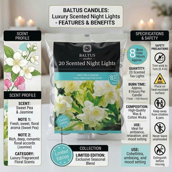 Baltus Sweet Pea & Jasmine Scented Tealight Candles, Pack of 20