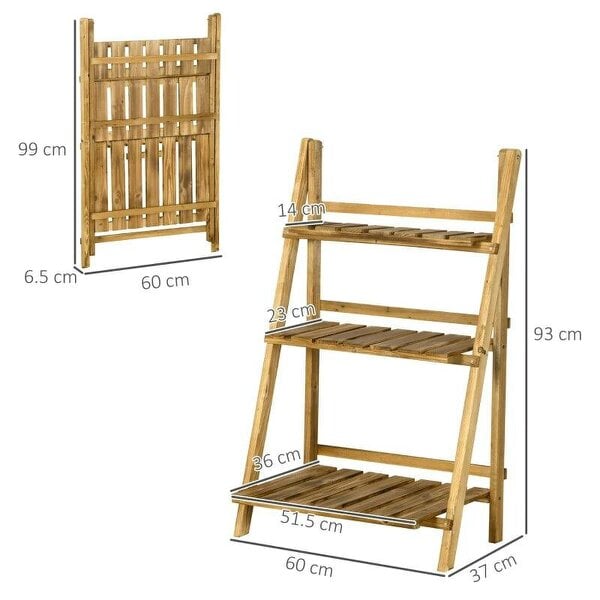 Bobobiy Wooden Folding Flower Pot Stand 3 Tier Garden Planter Display Ladder Gardener Storage Shelves Rack Herb Holder (60L x 37W x 93H cm)