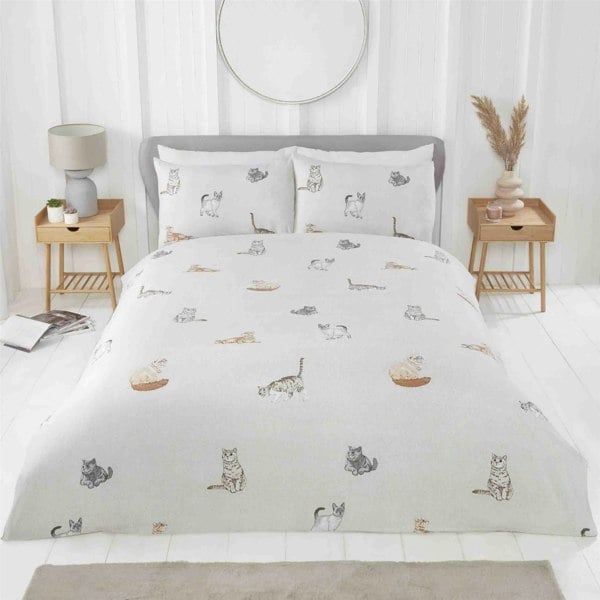 HomeSpace Direct Purrrfect Reversible Duvet Cover Set Cats and Stripes Bedding Natural