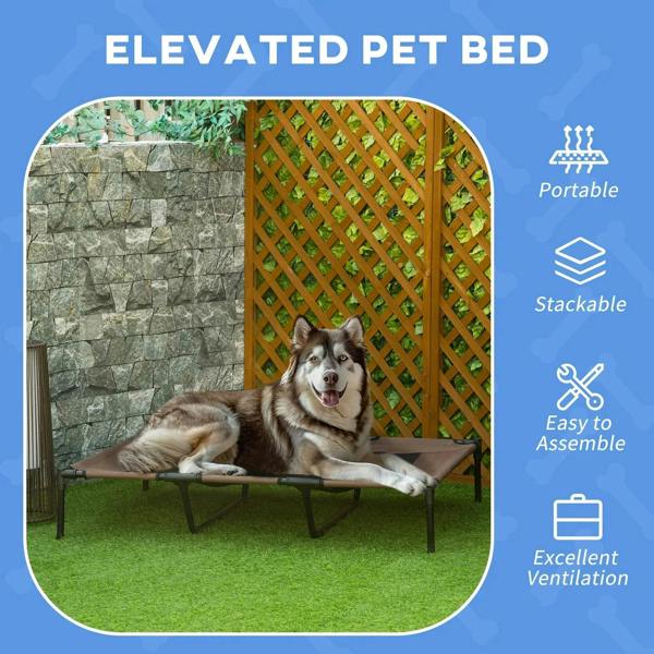 Elevated pet bed with brown and gray mesh, dog resting on the cot