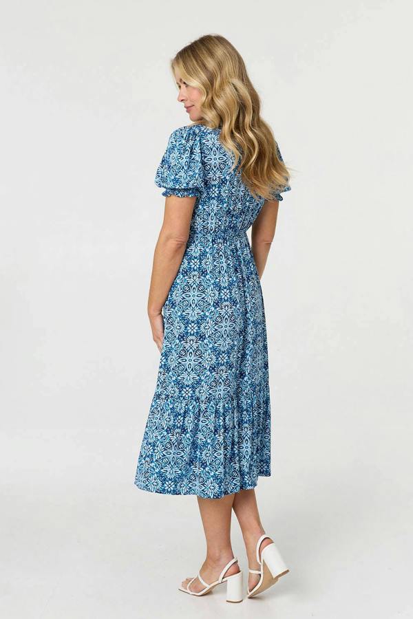 Blue | Printed Short Puff Sleeve Tie Midi Dress