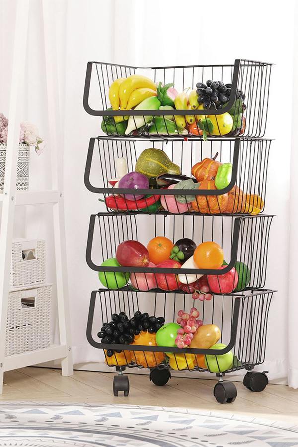 4-tier Detachable Rolling Metal Wire Basket Trolley Rack Stackable Fruit Vegetable Storage Holder Kitchen