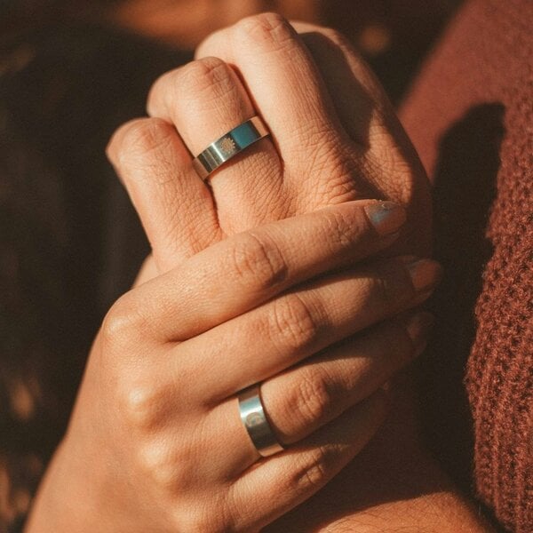 The Colourful Aura Stainless Steel Couple Moon and Sun Promise Wedding Band Ring Set