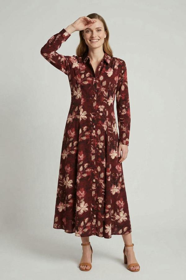 Red | Floral Long Sleeve Button-Up Midi Dress