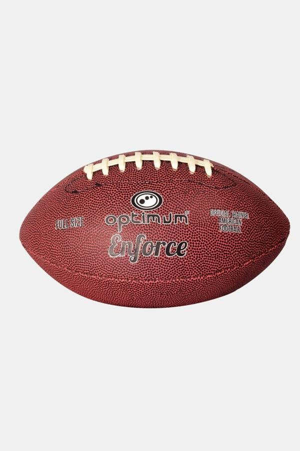 Maroon Optimum Enforce American football, laces up, side view showing branding - Optimum