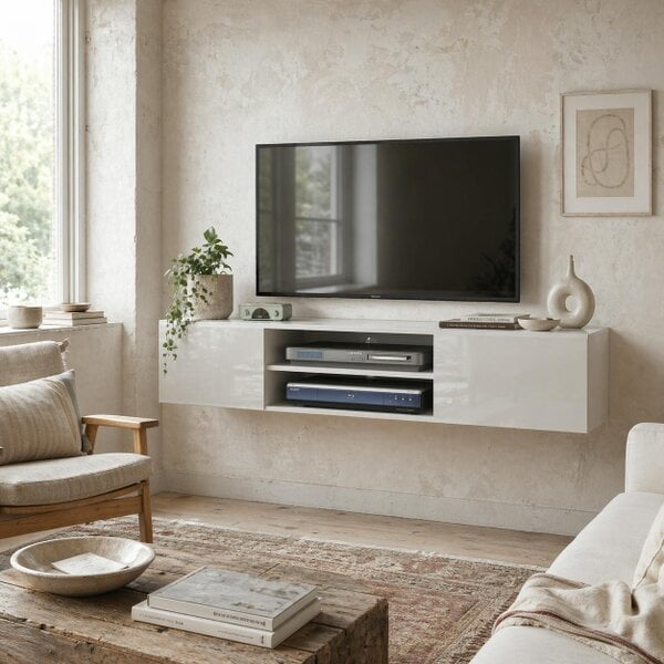 Wyld Haus Lumipa 140cm High Gloss White Floating TV Stand With Open Shelves And Doors For Screens Up To 60 Inches