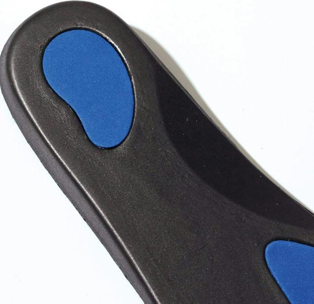 Close-up of Optimum plantar fasciitis insole heel underside with blue gel pad, on white - Optimum