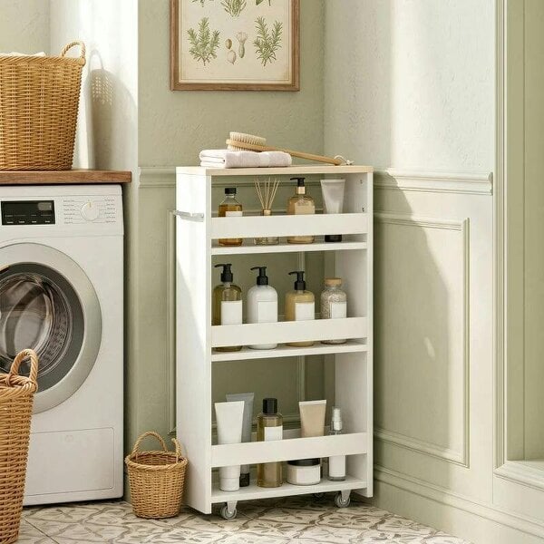 Bobobiy Storage Cart, 4-Tier Compact Storage Trolley on Wheels and Handle, 48W x 15D x 80H cm, White - White