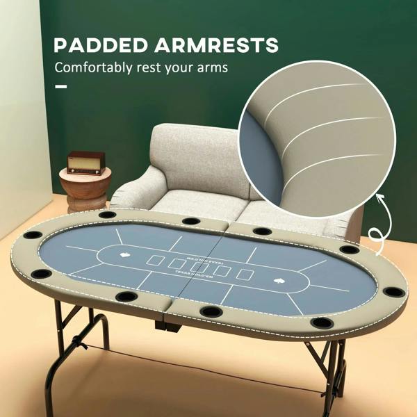Folding poker table with padded armrests, blue felt top, beige rails, cup holder holes