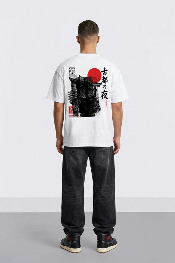 London Attitude Kyoto After Dark Oversized Heavyweight Japanese Graphic T-Shirt in White