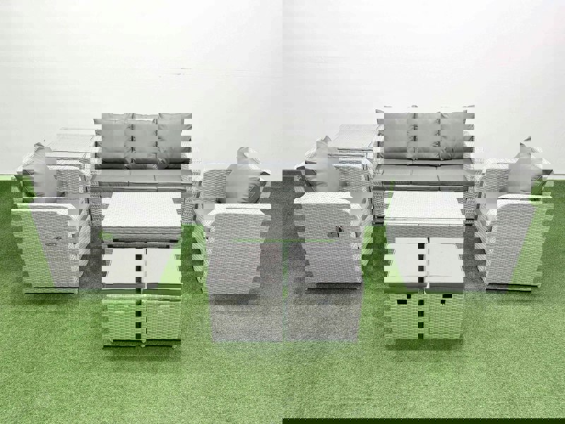 Fimous PE Rattan Garden Furniture Set Reclining Chair Sofa Lounge Sofa Set Rectangular Coffee Table Side Table 2 Small Stools Light Grey