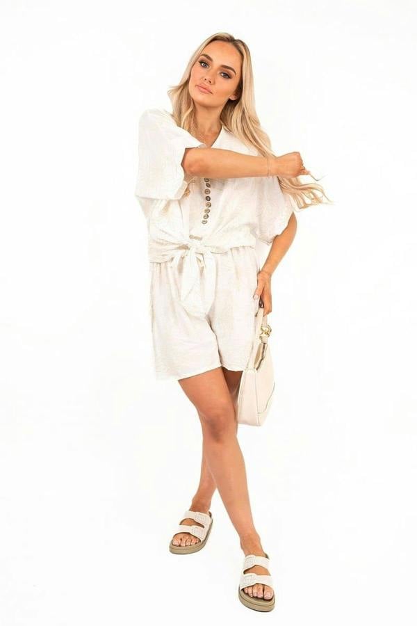 Azaira Button Front Short Sleeve Co-ord Set With Tie Waist - White