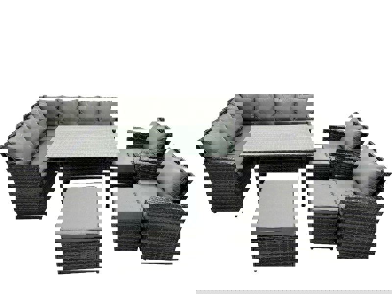 Fimous 11 Seat Poly Rattan Outdoor Patio Dining Table Corner Sofa Set with 3 Stool 2 Chairs for Garden Backyard Dark Grey Mixed