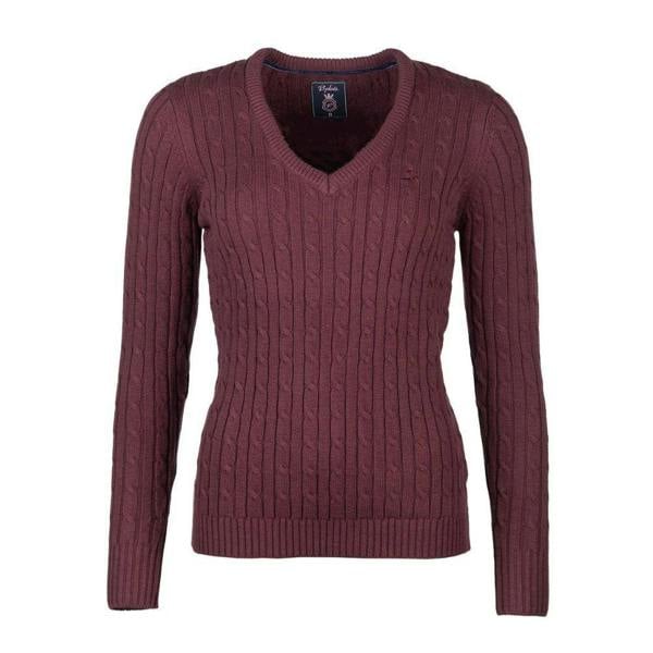 Rydale Emma V Neck Cable Knit Jumper in burgundy featuring a flattering V neck, traditional cable knit pattern and soft cotton blend fabric.