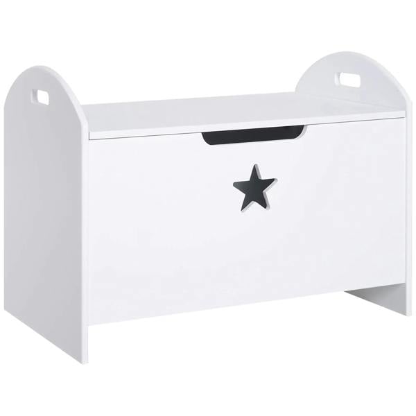 White kids storage bench with star emblem and black pull-out front opening
