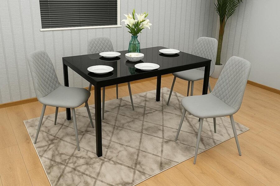 Kosy Koala Modern Black Glass Dining Table Set with 4 Grey Dining Chairs Dining Room Furniture