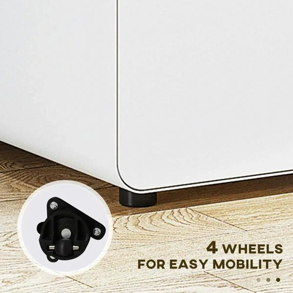 White 3-drawer lockable file cabinet with black wheels for easy mobility.