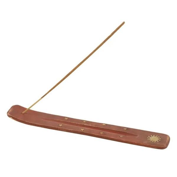 Brown incense holder with a single stick and star-sun pattern