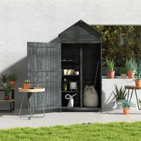 Grey wooden garden storage shed with open double doors and three-tier shelves
