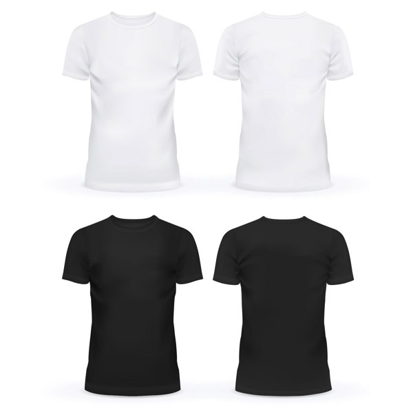 Four t-shirts displayed: two white and two black, featuring a smooth texture and classic crew neck design, ideal for custom printing