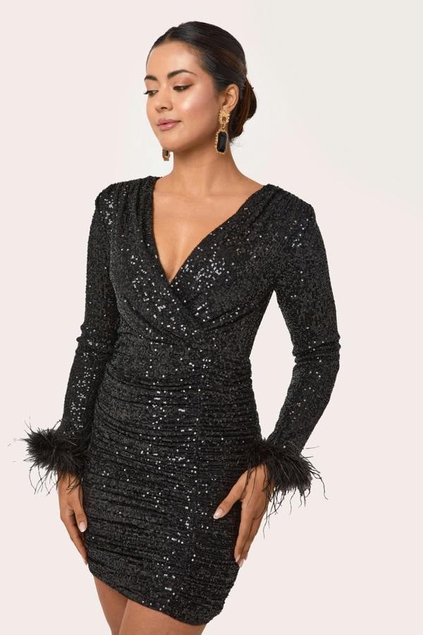 LuvForever Liana - Black Long Sleeve Sequin Mini Dress